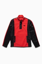 Bright red with a kangaroo pocket, contrasting black panels along the sides, sleeves and front seams, this cozy...
