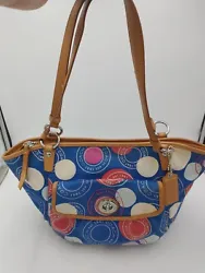 COACH LEAH SATIN SHOULDER BAG #F14667. Colorful red white and navy blue satin bag with tan leather handles and trim....