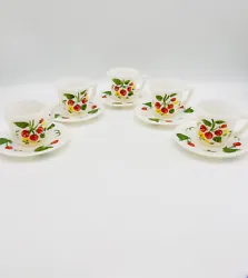 Lot of 5 Vintage White Milk Glass Demitasse Childrens Teacups & Saucers. hand painted strawberries on both cups and...