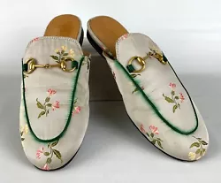 Good condition in box, elegant & luxurious gray floral mules. // these shoes have marks on fabric and leather trim...