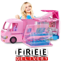 Designed in pink with rolling wheels, this doll camper opens to reveal so much more. The side opens to reveal a pool...