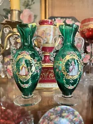 Beautiful Murano venetian glass vases in a lovely shade of teal green. It has a clear glass foot and applied clear...
