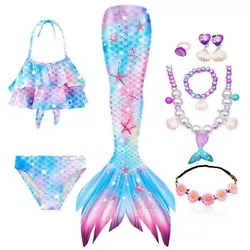 Can Swim If Put A Monofin Flippers On The Tail. 9pcs Set: 1 Fishtail Skirt+1 Top+1 Shorts+1 Garland+1 Necklace+1...