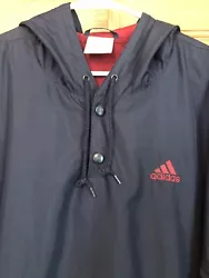 Adidas Windbreaker Size Large L Navy Blue Red Hooded Partial Button Up Jacket.