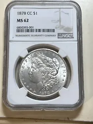 1878-CC Morgan $1 NGC Certified MS62 Mint State Graded Carson City Silver Dollar. Shipped with USPS Ground Advantage.