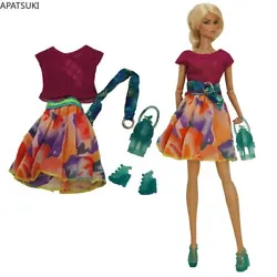 Colorful Fashion Doll Clothes Set for Barbie Doll Outfits 1/6 Dolls Accessories For Barbie Top Skirt Belt Shoes Bag...