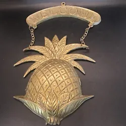 Welcome Brass Pineapple Made In Taiwan Wall Door Hanging. Some rust on chain.