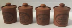 4 Original Suffolk Canisters Spice Jars Terra Cotta Henry Watson Pottery. Cinnamon Sage Bay Leaves Parsley