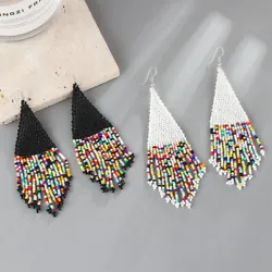 Inlay technology:Claw Setting. Material :Seed Bead. Bohemian BOHO Woven Seed Beads Round Hoop Drop Earrings Handmade...