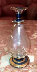 Ancien joli flacon fiole artisanal de parfum en verre soufflé dorures 11cm.