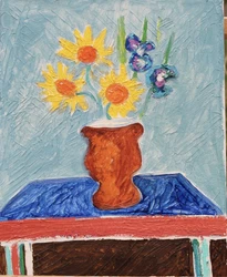 abstract paintings on canvas original By Mark Bowman 8x10 Inch. Three yellow flowers and two that look like irises...