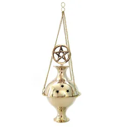 Skillfully made from brass, this hanging incense burners features a lid with a pentagram, star cutouts, and a...
