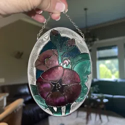 Add a touch of beauty to your home with this vintage Stained Glass Morning Glory Flowers Oval Hanging Window...