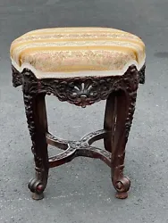 Antique French Louis XV Rococo Carved Walnut Stool c. 1750 having rich carvings throughout the solid black walnut base...