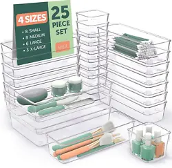 MULTIPLE DRAWER ORGANIZERS - 25 various sizes clear containers for organizing every drawer in your bedroom, kitchen,...