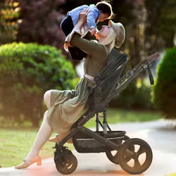 This high-visibility stroller is reversible so the baby can ride facing the parents or face forward.