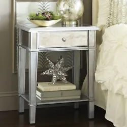 2Tier Modern Silver Mirrored Side End Table Nightstand Bedside Table with Drawer.