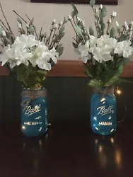 Beautiful 2 Piece Set Blue/green Rustic Large Mason Jars with Faux White Hydrangeas and Pussy Willows and Fairy...