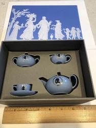 Wedgwood Miniature Tea Set Cameo Blue Ornaments in nice clean box, one of the four ribbons has been lost.