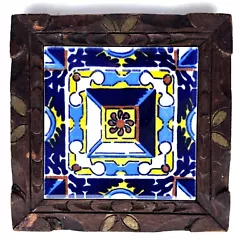 Nice older rustic tile and wood trivet, handmade. Talavera tile with cobalt, cornflower blues, brown, yellow and white...