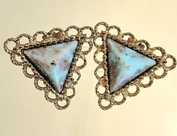 This is a Really Wonderful Pair of Earrings with Turquoise Blue, Pyramid Shaped Confetti Lucite Cabs w/ Golden Flecks,...