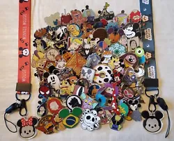 Disney Trading Pins lot of 50 random, assorted pins with free bonus Mickey or Minnie lanyard with cute dangle charm - U...