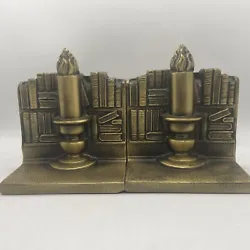 Vintage 18B Ronson Brass-Like Bookends Candle-Stick Stacked Bookshelves Flame. Beautiful bookends!