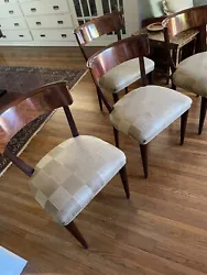 Offered for your consideration four Swedish upholstered Art Deco dining chairs. Maker is unknown, but the rich wood...