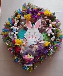 Bunny Rabbits Chicks Eggs Bells. Assorted chicks, bunnies, eggs. This wreath is a great find for gift giving or keep...