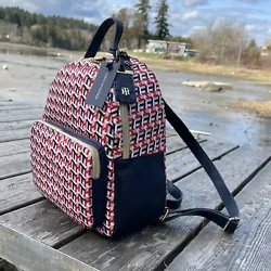 NWT Tommy Hilfiger Geometric Print Gold Hardware Multipocket Backpack. Small sized bag; 9-1/2