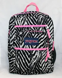 In Gray & Black Zebra Print with Neon Pink Trim. Two front exterior zip pockets.