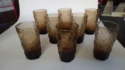 Mid Century Amber/Brown Crinkle Glass Glasses Set of 8.