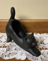 Ceramic Black Cat Planter Pot, Stretching Cat, With Drainage Hole.