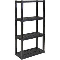 Heavy-duty molded plastic resin shelves hold 150 lbs. (68 kg) each and will not rust, dent, stain, or peel. 