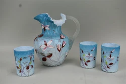 Antique Ruffled Edge Pitcher Inspired Fenton Hand Painted Custard Satin Not marked, but has look of Fenton Glass Approx...