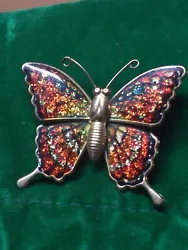 Sparkly Glittery Copper & Gold Tone w/ Blue Accent Enamel Butterfly Brooch / Pin. A4  This vintage butterfly pin is...