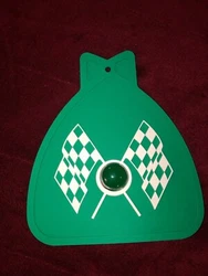 MUDFLAP IN GREEN WITH GREEN & WHITE CHECKERED CROSS FLAGS AND RED JEWEL. YOU GET ONE MUDFLAP IN GREEN. WITH CHECKERED...