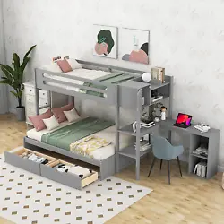 Available in white and gray color. 【Bunk Bed with Desk】: Our twin over full bunk bed with a L-shape desk is built...