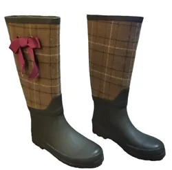Great for gardening. J CREW Tall Rain Boots. Multi Colored Plaid Shaft. Green Boot.