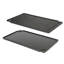 Fits over two burners on a cooktop. Smooth griddle and ribbed grill sides are reversible. Hand wash, dry, and massage...