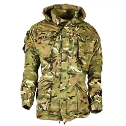British army MTP camouflage field windproof parka. It also features a hood, which can be retracted to be tied back....
