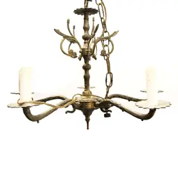 Antique Spanish Brass 5 Light Chandelier Ornate Eastlake Floral Style w Crystals This spectacular 5-light Antique...