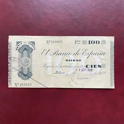 Espagne Billet 100 Pesetas 1936 Bilbao Banque D EspagneNi fente ni épinglage Pli multiples État TTB/VFles photos...