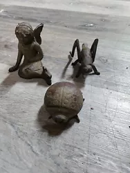3 Vintage Cast Iron Small Garden Statues. Dont know how old but been in garden for years. Ladybug...Grasshopper & small...