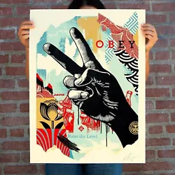 Shepard Fairey OBEY Giant. Raise The Level (Peace). Numbered edition of 550. Screen prints on thick cream Speckletone...
