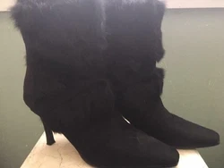 PIERRE DUMAS. Black Suede w/Fur Trim. Mid-Calf Dress Boots.