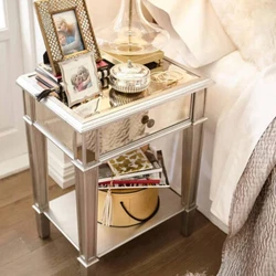 Contemporary Mirrored Nightstand Bedside 2-Tier Large Storage Accent Side Table.