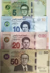 Tunisie/Tunisia: Lot de 4 Billets Neufs/UNC :5 et 50 Dinars 2022 +10 Dinars 2020 20 Dinars 2017Les numéros peuvent...