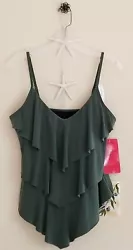 Tankini style, tiered/ruffle top, Great olive green color. Bikini bottoms, Black, size 12, Hygienic liner.