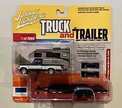 Johnny Lightning Truck & Trailer 1993 Ford F-150 with Camper & Open Car Trailer. Slight card bend, see close up image.